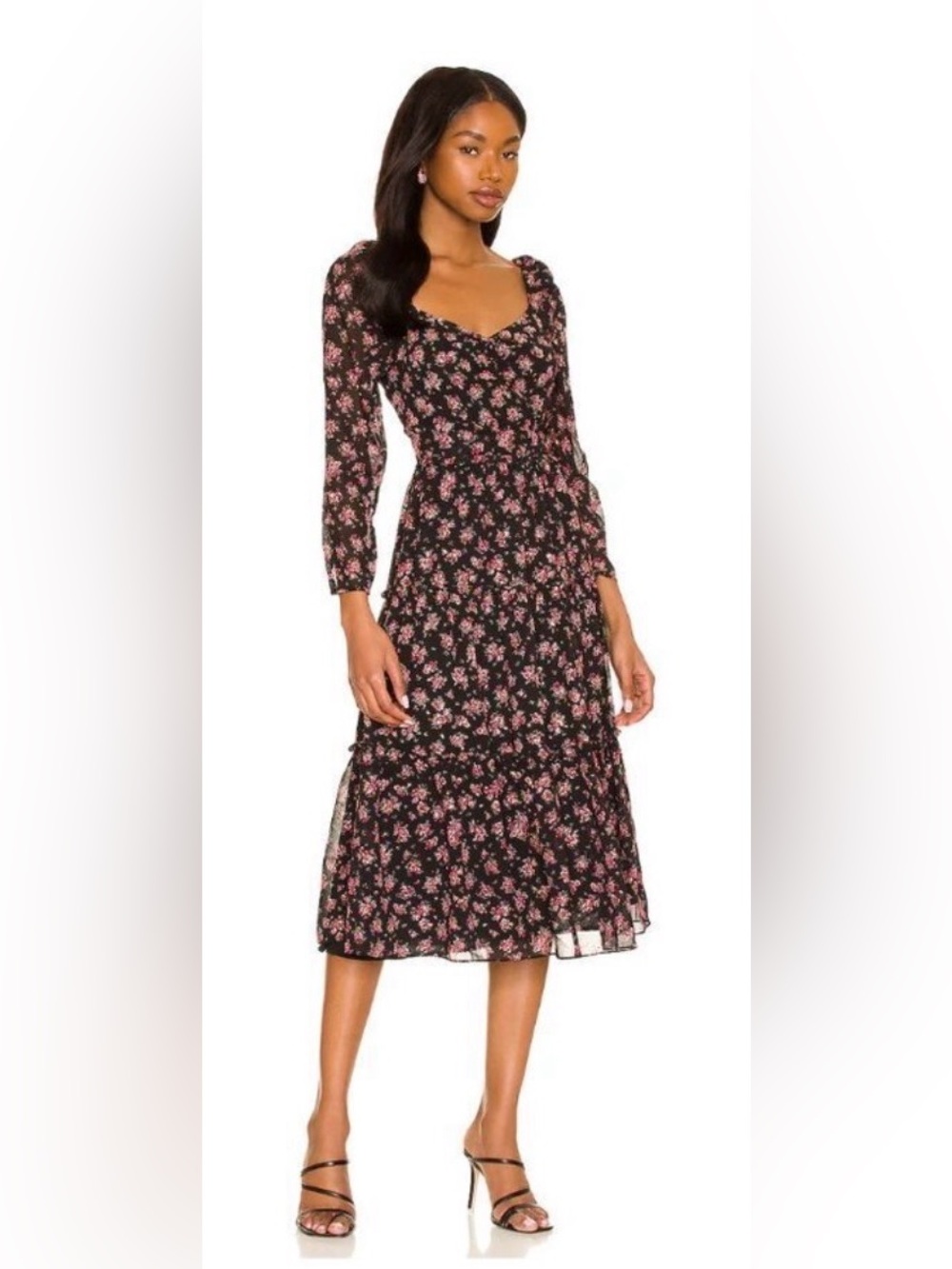 1. STATE | NWT Long Sleeve Midi Dress in Gold Foil Floral Chiffon Size 2/S